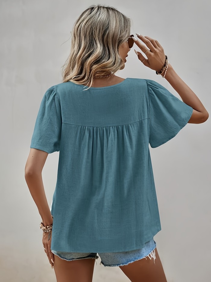Elegant Ruched Front Short Sleeve Crew Neck Blouse - Polyester Solid Color Shirting with Contrast Lace, Machine Washable, Summer Essential - Womens Clothing for Adult