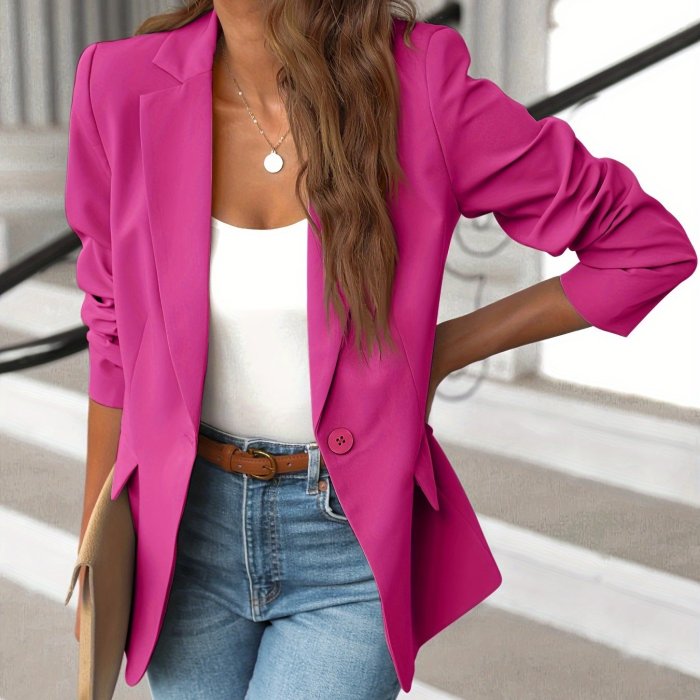 Solid Lapel Blazer Jacket, Casual Long Sleeve Work Office Outerwear With Pockets, Women's Clothing