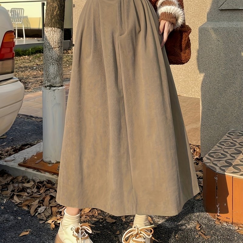 High Waist A-line Belted Skirt, Casual Solid Color Corduroy Ankle Length Skirt For Fall & Winter, Women's Clothing