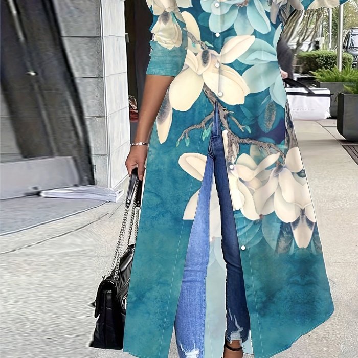 Plant Print Button Front Tunics, Casual Long Sleeve Top For Spring & Fall, Women's Clothing