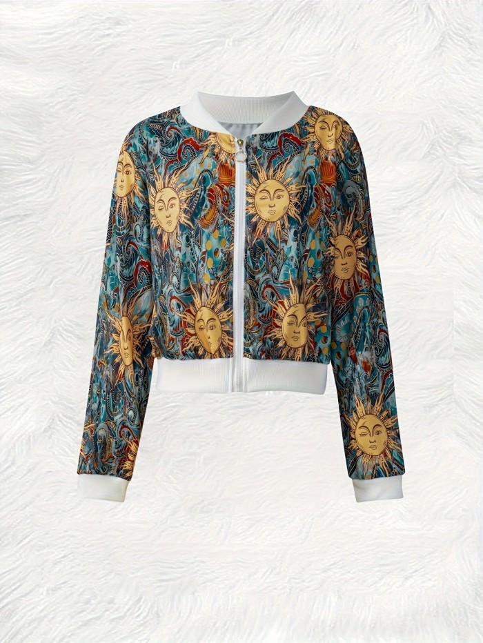 Sun Print Long Sleeve Jacket, Casual Full Zip Jacket For Spring & Fall, Women's Clothing