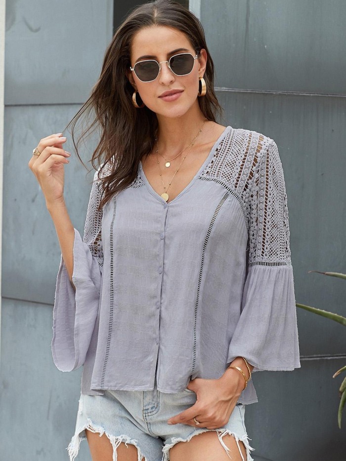 Women's Blouse Plus Size Shirts Long Sleeve Lace Crochet Solid Color Blouse