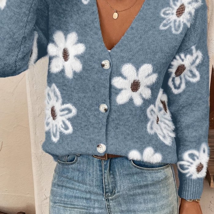 Floral Pattern Button Front Knitted Cardigan, Elegant Long Sleeve Drop Shoulder Cardigan For Spring & Fall, Women's Clothing