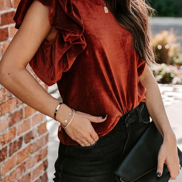 Womens Elegant Ribbed Velvet Top Crew Neck Short Ruffle Sleeve Casual T Shirt Blouse