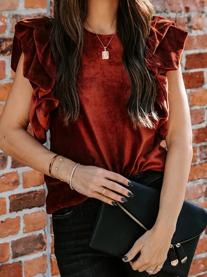 Womens Elegant Ribbed Velvet Top Crew Neck Short Ruffle Sleeve Casual T Shirt Blouse