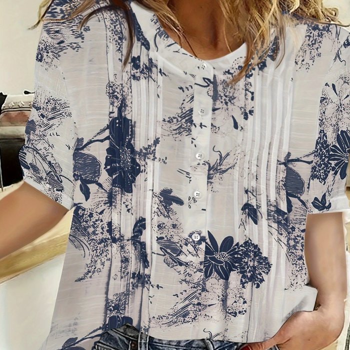 Floral Print Crew Neck Blouse, Casual Button Front Short Sleeve Blouse For Spring & Summer, Women's Clothing