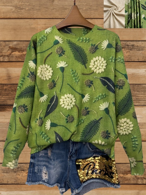 Vibrant Dandelion Print Thin Sweater - Soft, Lightweight, Crew Neck, Long Sleeve, Casual, Breathable, Spring & Fall Essential - Womens Clothing for Everyday Wear