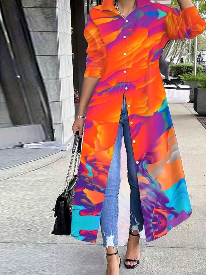 Plant Print Button Front Tunics, Casual Long Sleeve Top For Spring & Fall, Women's Clothing