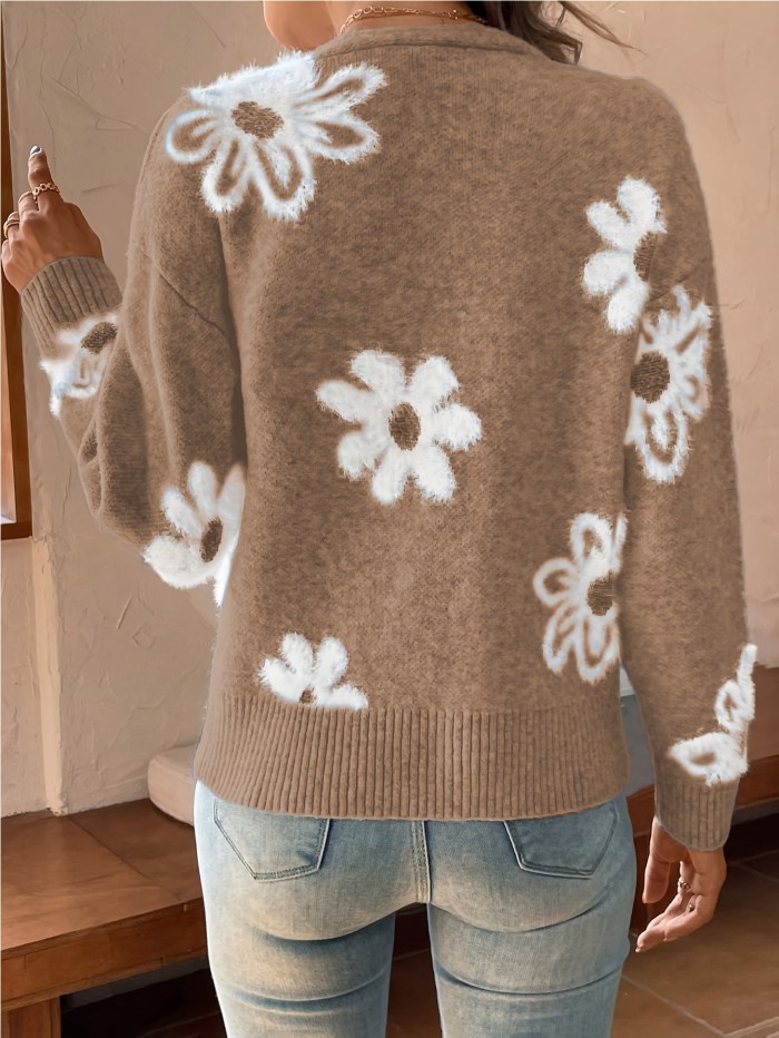 Floral Pattern Button Front Knitted Cardigan, Elegant Long Sleeve Drop Shoulder Cardigan For Spring & Fall, Women's Clothing