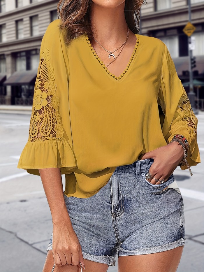 Guipure Lace V Neck Blouse, Elegant Solid Color Half Flare Sleeve Top For Spring & Summer, Women's Clothing