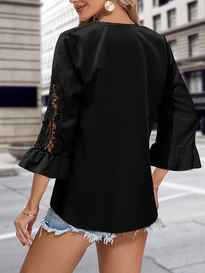 Guipure Lace V Neck Blouse, Elegant Solid Color Half Flare Sleeve Top For Spring & Summer, Women's Clothing