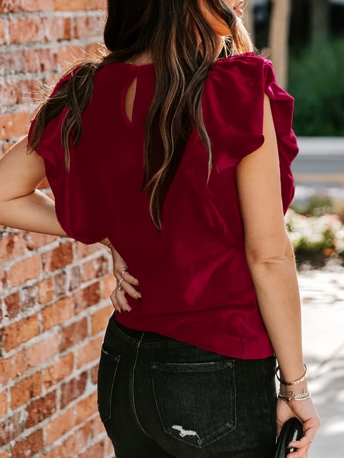 Womens Elegant Ribbed Velvet Top Crew Neck Short Ruffle Sleeve Casual T Shirt Blouse