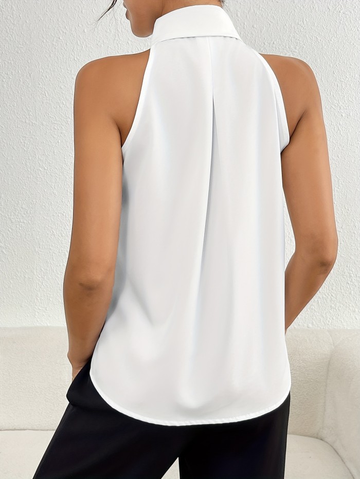 Collared Sleeveless Pleated Blouse, Elegant Solid Single-breasted Top For Spring & Summer, Women's Clothing