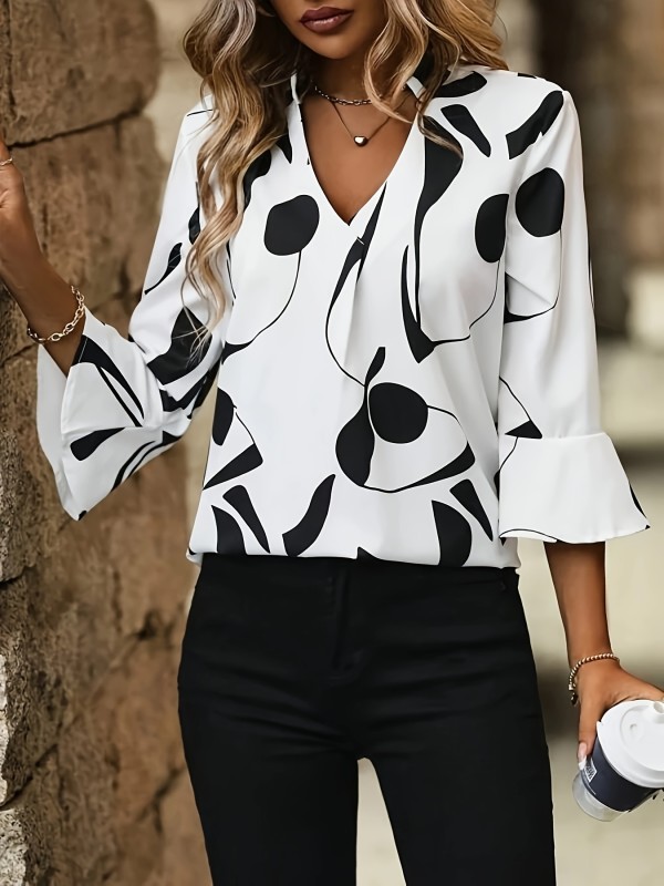 All-Over Print Women's V-neck Blouse With Flared Sleeves