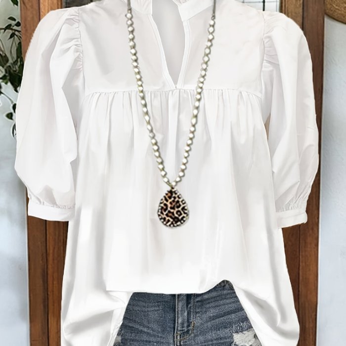 Vibrant Solid Color Ruffle Trim Notched Neck Blouse - Elegant Short Sleeve Shirt for Spring & Summer - Machine Washable, Semi-Sheer, Casual Polyester Womens Clothing for Adults