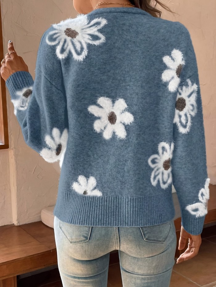 Floral Pattern Button Front Knitted Cardigan, Elegant Long Sleeve Drop Shoulder Cardigan For Spring & Fall, Women's Clothing