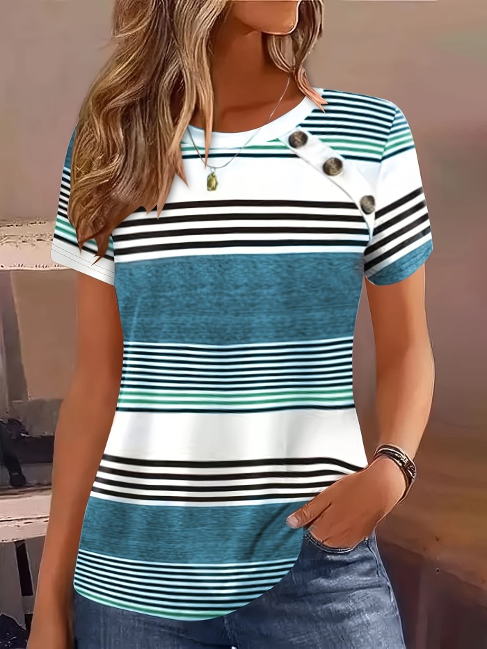 Striped Print Button Decor T-Shirt, Casual Short Sleeve Top For Spring & Summer, Women's Clothing