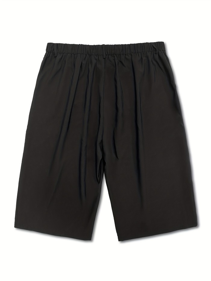 Plus Size Casual Shorts, Women's Plus Solid Button Decor Knee Length Elastic Waist Shorts With Pockets