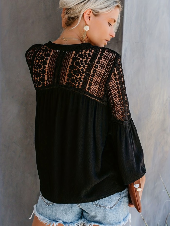 Women's Blouse Plus Size Shirts Long Sleeve Lace Crochet Solid Color Blouse