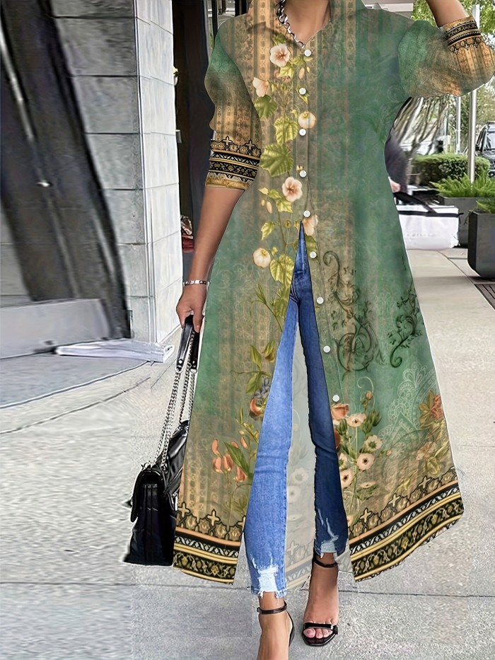 Plant Print Button Front Tunics, Casual Long Sleeve Top For Spring & Fall, Women's Clothing