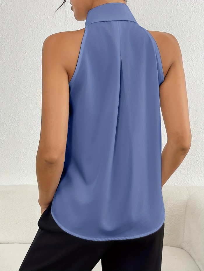 Collared Sleeveless Pleated Blouse, Elegant Solid Single-breasted Top For Spring & Summer, Women's Clothing