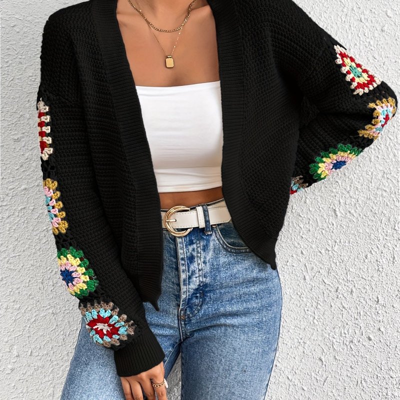 Floral Pattern Open Front Knit Cardigan, Elegant Long Sleeve Crop Sweater, Women's Clothing