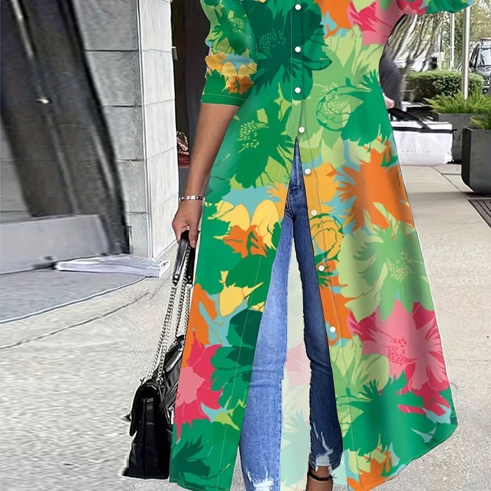 Plant Print Button Front Tunics, Casual Long Sleeve Top For Spring & Fall, Women's Clothing