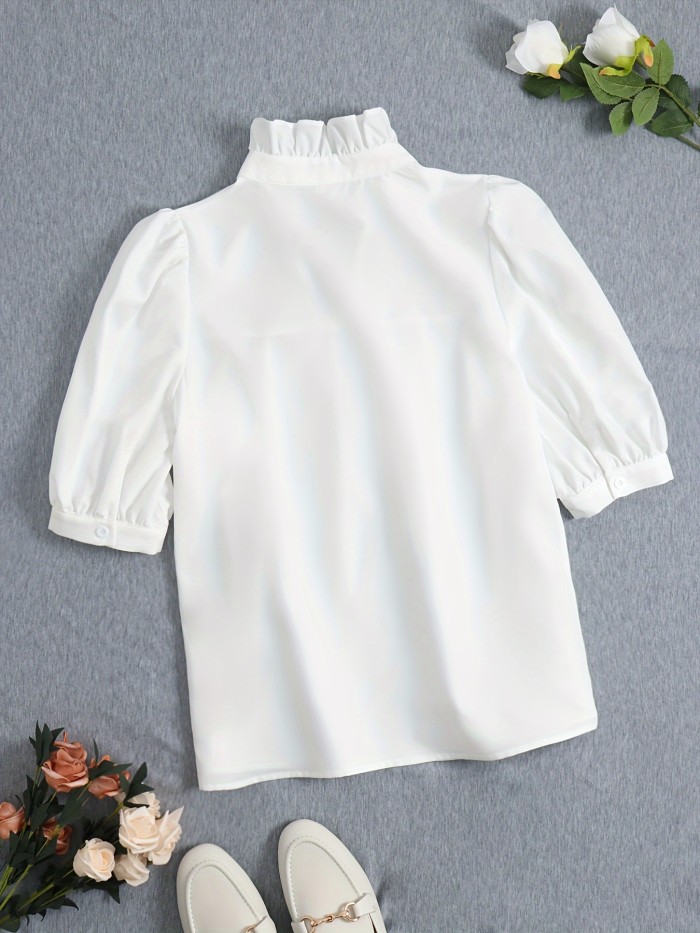 Vibrant Solid Color Ruffle Trim Notched Neck Blouse - Elegant Short Sleeve Shirt for Spring & Summer - Machine Washable, Semi-Sheer, Casual Polyester Womens Clothing for Adults