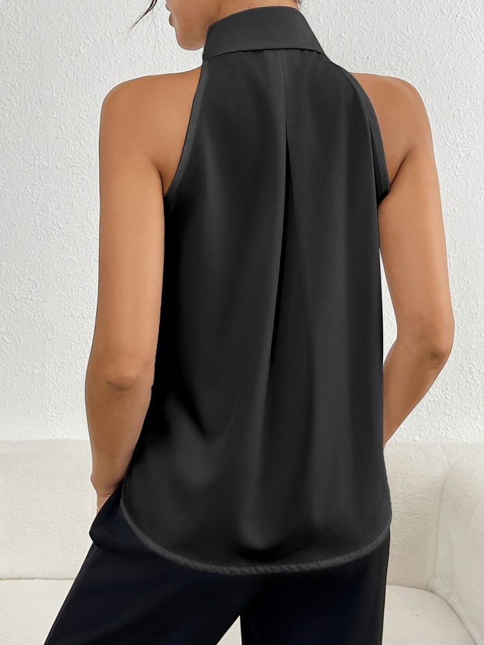 Collared Sleeveless Pleated Blouse, Elegant Solid Single-breasted Top For Spring & Summer, Women's Clothing