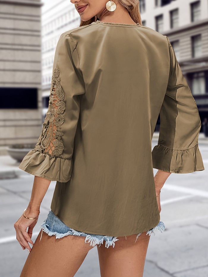 Guipure Lace V Neck Blouse, Elegant Solid Color Half Flare Sleeve Top For Spring & Summer, Women's Clothing