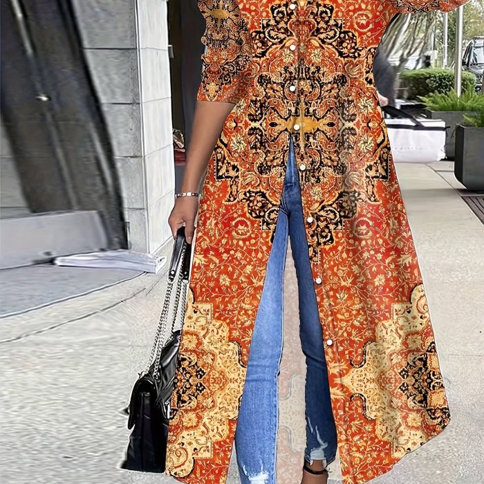 Plant Print Button Front Tunics, Casual Long Sleeve Top For Spring & Fall, Women's Clothing