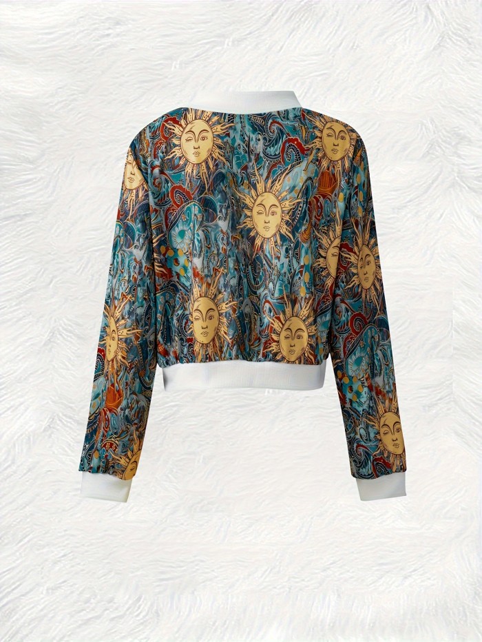 Sun Print Long Sleeve Jacket, Casual Full Zip Jacket For Spring & Fall, Women's Clothing