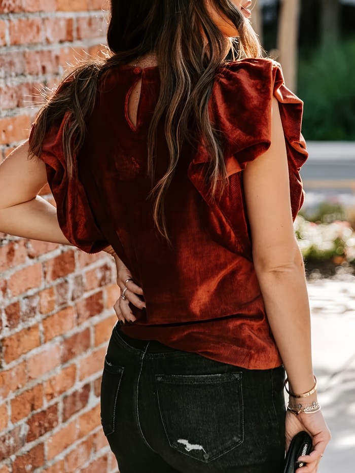 Womens Elegant Ribbed Velvet Top Crew Neck Short Ruffle Sleeve Casual T Shirt Blouse