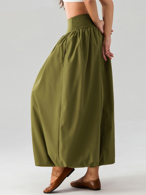 Bubble Skirts for Women Elastic Waist Pleated Ruffle Hem Long Puffy Skirt Casual Loose Solid Color A-Line Balloon Ankle Length Skirt