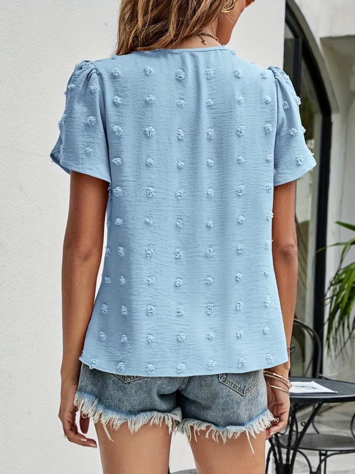 Swiss Dot Petal Sleeve Blouse, Casual Crew Neck Blouse For Spring & Summer, Women's Clothing