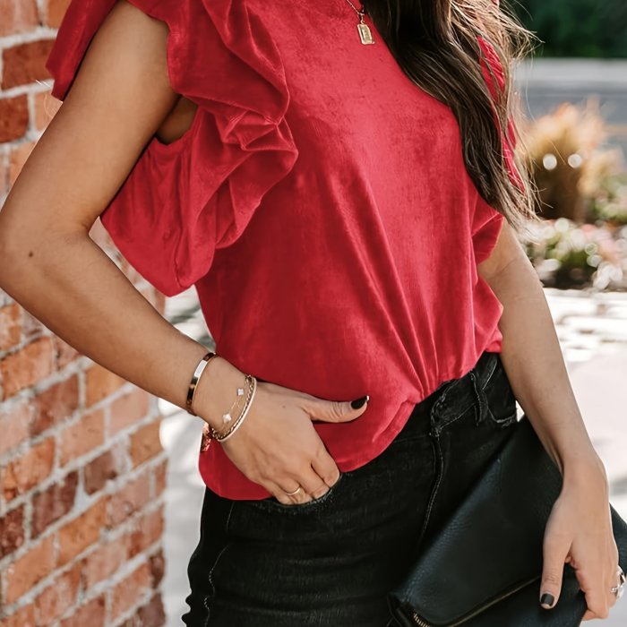 Womens Elegant Ribbed Velvet Top Crew Neck Short Ruffle Sleeve Casual T Shirt Blouse