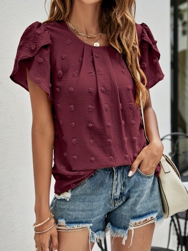 Swiss Dot Petal Sleeve Blouse, Casual Crew Neck Blouse For Spring & Summer, Women's Clothing