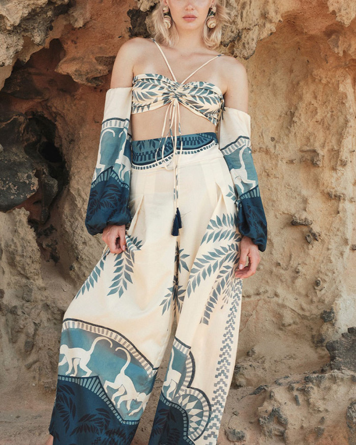 Chic Abstract Print Lace-Up Two-Piece Set