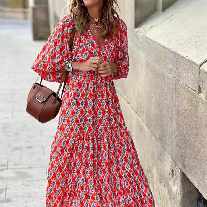 Boho Style Puff Sleeves Dress