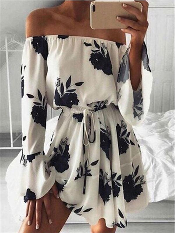 Women Summer Off Shoulder Floral Mini Dress Long Bell Sleeve Boho Beach Swing Short Dress