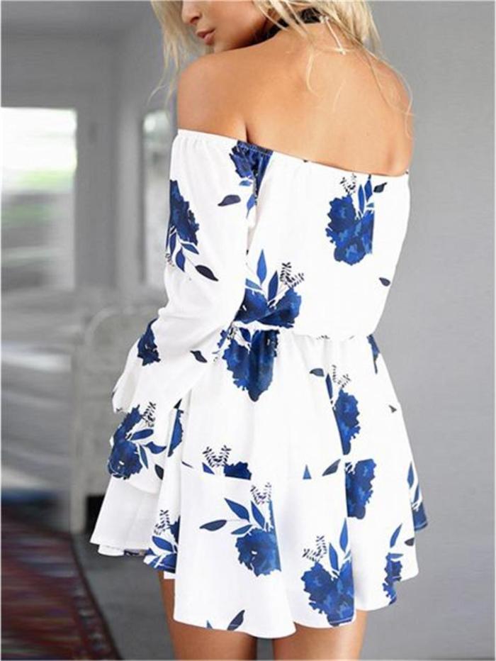 Women Summer Off Shoulder Floral Mini Dress Long Bell Sleeve Boho Beach Swing Short Dress