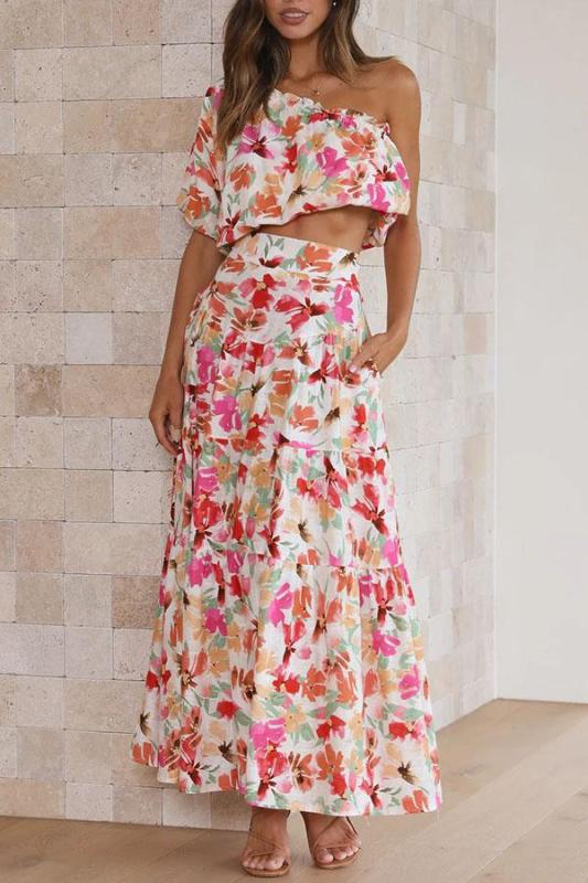 Slanted Shoulder Print Fashion Two-Piece Set
