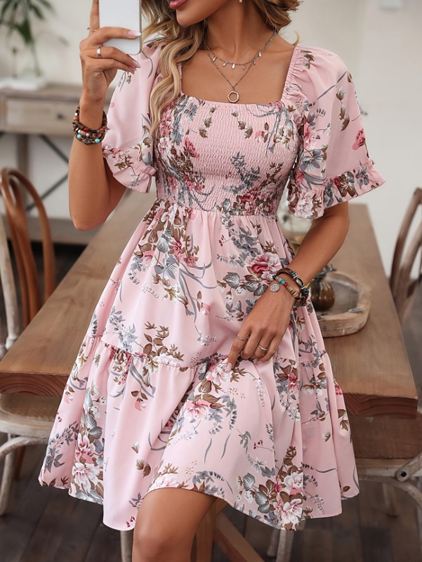 Floral Print Shirred Waist Dress, Elegant Short Sleeve Square Neck Dress, Women's Clothing