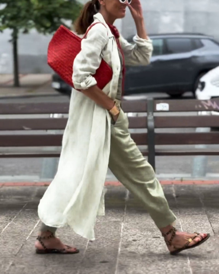 Casual Solid Color Long Shirt & Pants Two-piece Set