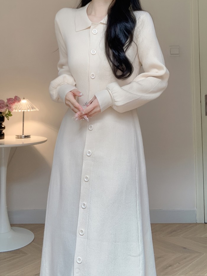 Button Front Collared Knit Dress, Chic Solid Color Lantern Sleeve A-line Ankle Length Dress For Fall & Winter, Women's Clothing