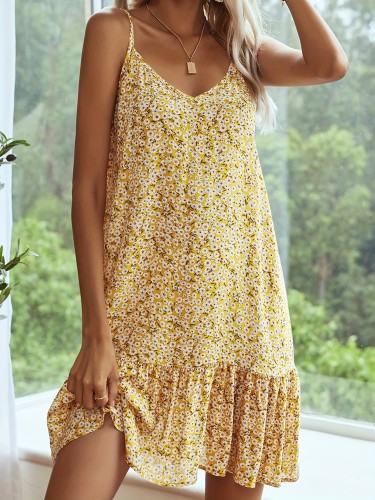 Floral Print Spaghetti Strap Dress, Casual Backless Ruffle Hem V Neck Cami Dress For Spring & Summer, Women's Clothing