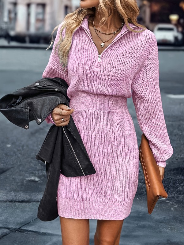 Half Zipper Knitted Bodycon Dress, Elegant Drop Shoulder Long Sleeve Mini Dress For Fall & Winter, Women's Clothing