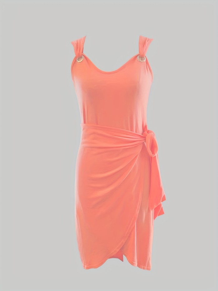 Knotted Solid Dress, Casual V Neck Sleeveless Bodycon Dress, Women's Clothing