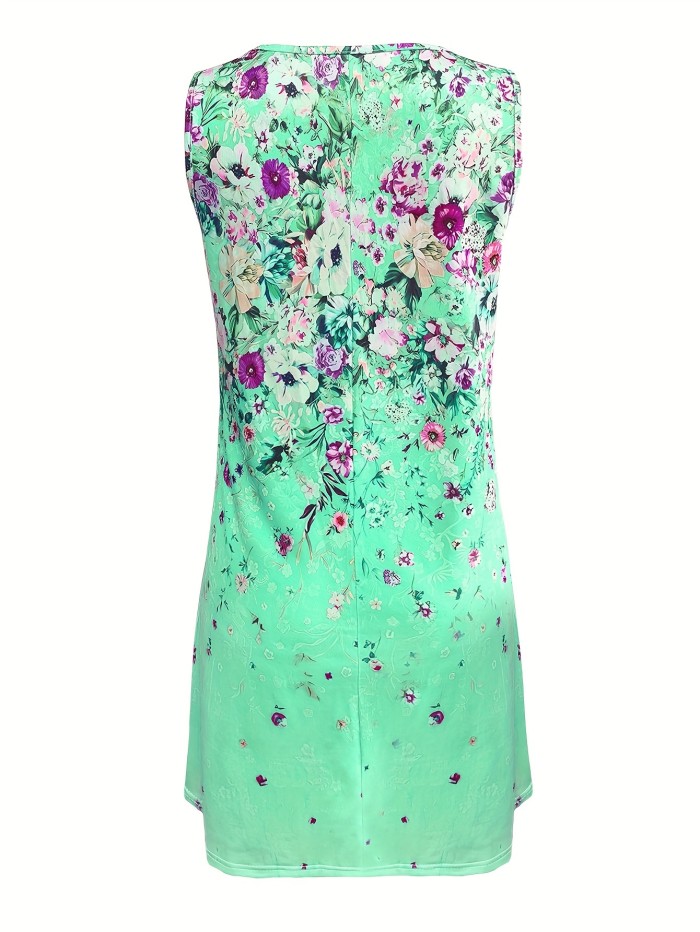 Floral Print Crew Neck Tank Dress, Casual Sleeveless Ring Linked Dress For Spring & Summer, Women's Clothing