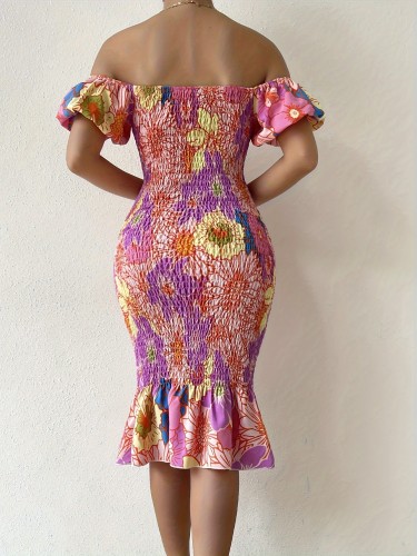 Shirred Floral Print Mermaid Hem Bodycon Dress, Elegant Off Shoulder Dress For Spring & Summer, Women's Clothing